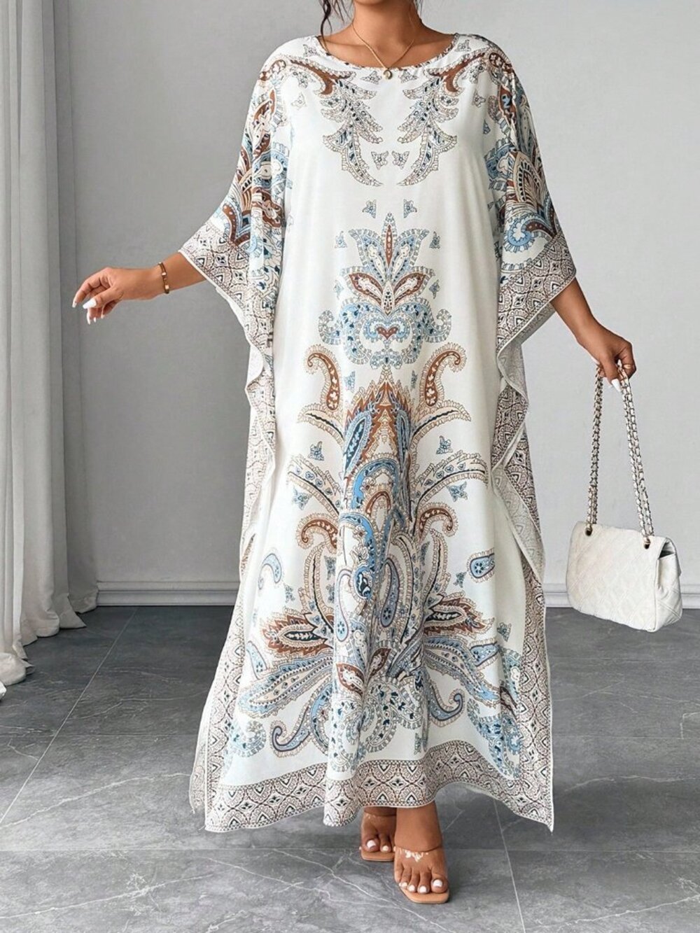 Multicolor Modest Women's Batwing Sleeve Round Neck Printed Loose Dress - Picture 5 of 7